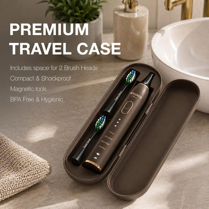 Wagner Stern IntelliBrush Series Whitening Electric Toothbrush with Pressure Sensor. Offers 4 Brushing Modes, 3 intensities, 8 Soft Brush Heads, and a Luxury Travel case.