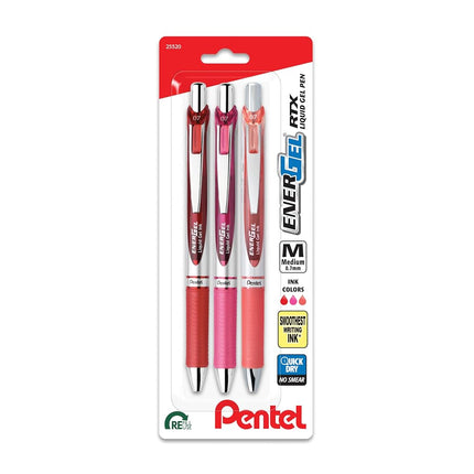 Bolígrafo de Gel Líquido Retráctil Pentel EnerGel RTX, 0.7mm, Tonos de Diario, Tinta Roja, Rosa y Coral, Paquete de 3 Bolígrafos (BL77RBJBP3M)