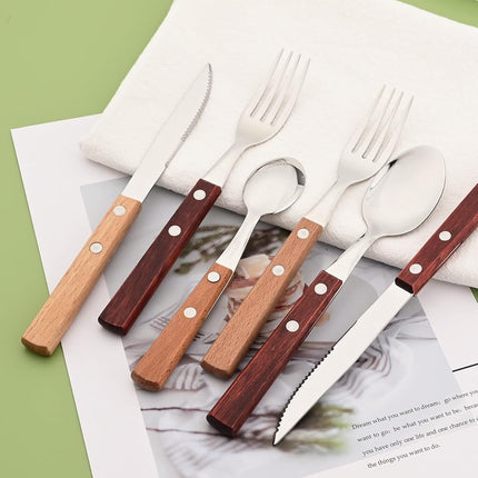 Uniturcky Wooden Handle Flatware Set, Knives Forks Spoons Set for 6, 24-Piece 304 Stainless Steel Kitchen Utensils Set, Silverware Set with Wood Handles, Red Wood with Rivet & Retro Style Cutlery