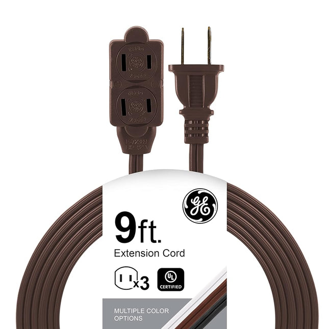 GE 3-Outlet Power Strip, 9 Ft Extension Cord, 2 Prong, 16 Gauge, Twist-to-Close Safety Covers, Indoor Rated, Perfect for Home, Office or Kitchen, UL Listed, Brown, 51942