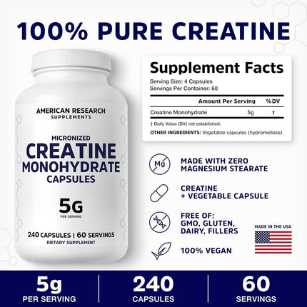 Creatine Monohydrate Capsules 5G | 60 Servings | Vegan | Micronized Creatine Pills 5000mg | 4 Caps per Serving | 240 Capsules | Creatine Pills For Men & Women | Muscle Building | 2 Months Supply