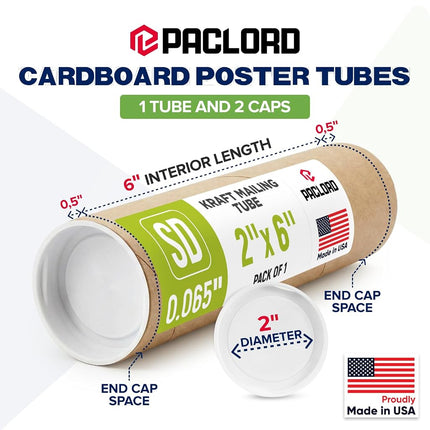 Paclord 2" x 6" Reinforced Kraft Paper Mailing Tube (Pack of 1) with 2 Caps