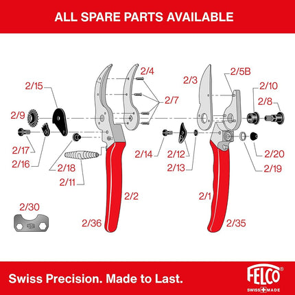 FELCO 2 Pruning Secateurs – 25 mm Cutting Diameter, for Large Hands, 215 mm Length, with Sap Groove, Straight Handles, Red