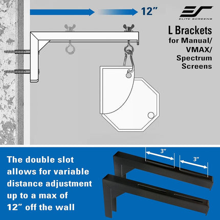 Elite Screens 12" Wall and Ceiling Hanging L-Brackets for Manual/Spectrum/VMAX2 series, Black, ZVMAXLB12-B