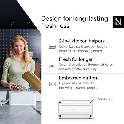 LARS NYSØM Bread Box I Metal bread box for long lasting freshness with non-slip pads I Baked goods Bin with bamboo lid usable as cutting board I 34.5x18.5x15.8cm (Pure White)