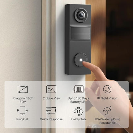 Tapo Smart Video Wireless Doorbell Camera Mini - 2K, 160° Ultra-Wide View, Up to 180 Days Battery, HomeKit, Alexa, Google Assistant Compatible, Free AI Person Detection, IP54, SD/Cloud Storage, D205