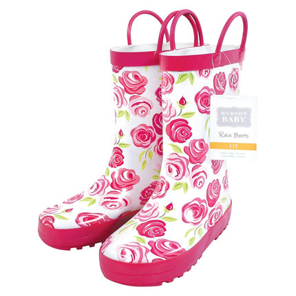 Hudson Baby Unisex Baby Rain Boots, Pink Roses, 4 Toddler