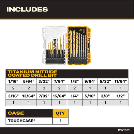 DEWALT (DW1361) Titanium Nitride Coated Drill Bit Set Pilot Tip 21 Piece