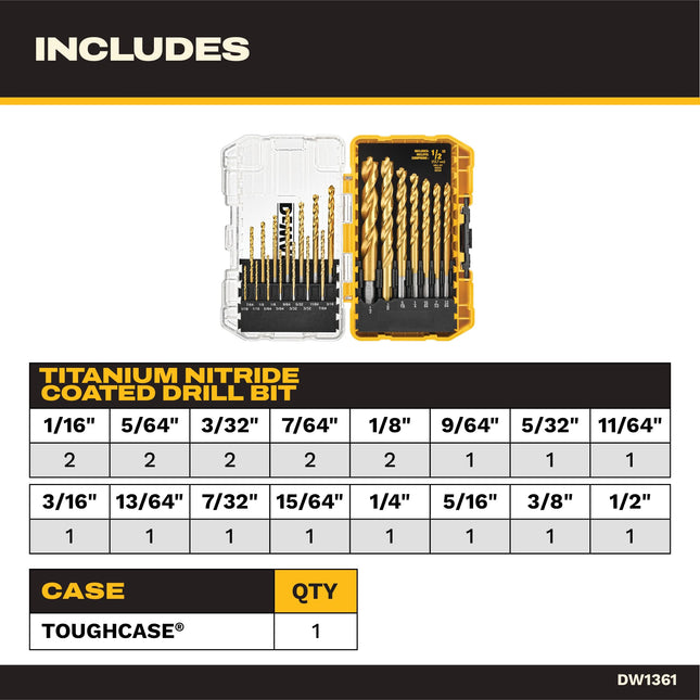 DEWALT (DW1361) Titanium Nitride Coated Drill Bit Set Pilot Tip 21 Piece