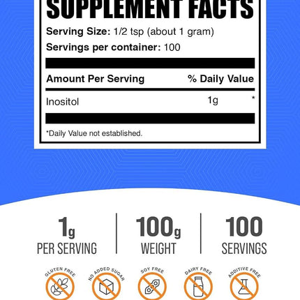BulkSupplements Inositol Powder - Inositol Supplement, Vitamin B8 Supplement - Unflavored & Gluten Free, 1g per Serving, 100g (3.5 oz) (Pack of 1)