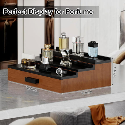GarveeHome Wooden Cologne Organizer for Men, 3 Tier of Elevated Cologne Display Shelf with Drawer Storage Perfume Organization and Storage Display Risers for Watch, Jewelry, Great Gift for Father