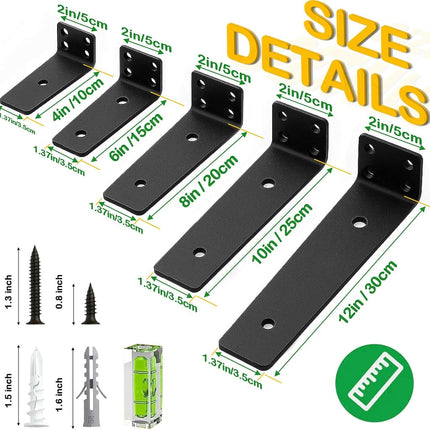 Floating Shelf Bracket 6 Inch of 8 Pack Heavy Duty Shelf Brackets Black Coated Metal L Bracket Wall Shelf Support DIY Brackets with 1/5 Inch Thick and 160 LBS Load Capacity
