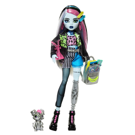 Monster High Frankie Stein Doll in Denim Jacket & Shorts, Includes Pet Dog Watzie & Accessories like a Backpack, Snack & Notebook
