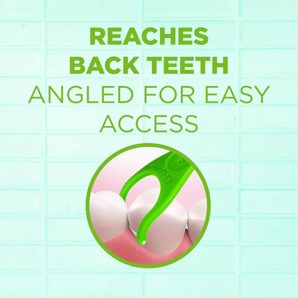 GUM Angled Flosser Picks, Easily Reaches Back Teeth, Fresh Mint Flavour, Lime Green, 75 Flossers (1 Bag)