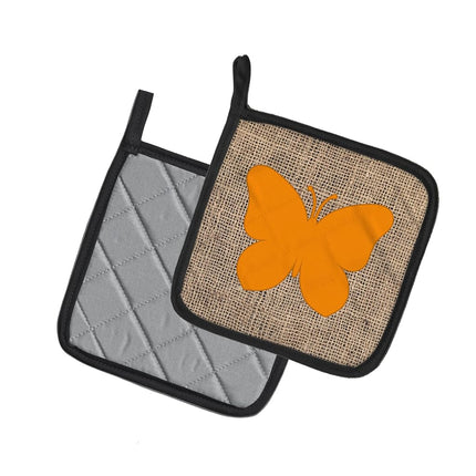 Caroline's Treasures Butterfly Faux Burlap and Orange Pair of Pot Holders BB1047-BL-OR-PTHD, Fabric, Multicolor