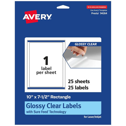 Avery Glossy Clear Rectangle Labels with Sure Feed, 10" x 7.5", 25 Glossy Clear Labels, Laser/Inkjet Printable Labels