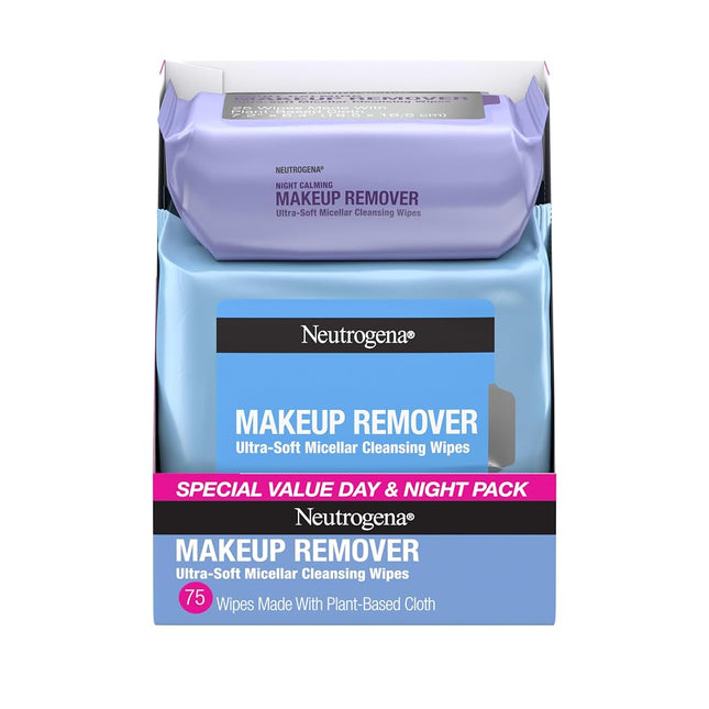 Neutrogena Day & Night Facial Cleansing Wipes, Makeup Remover Face Cleansing Towelettes & Night Calming Facial Cloths, 100% Plant Based Fibers Wipe Away Dirt & Oil, (3 Packs of 25)