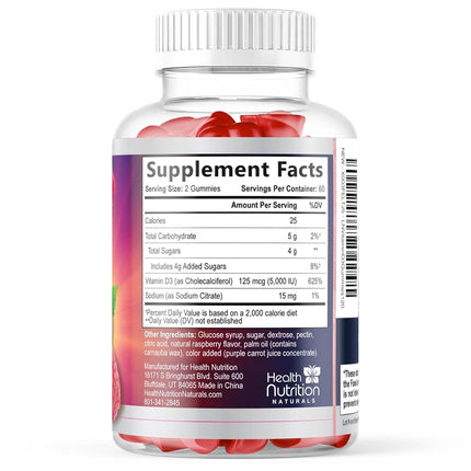 Health Nutrition Naturals Vitamin D3 Gummies 5000IU (125mcg), D Immune Support Gummy, Delicious Raspberry Flavor, Gluten Free Vegetarian GMO-Free Chewable - Bone for Adults, Men, Women 120