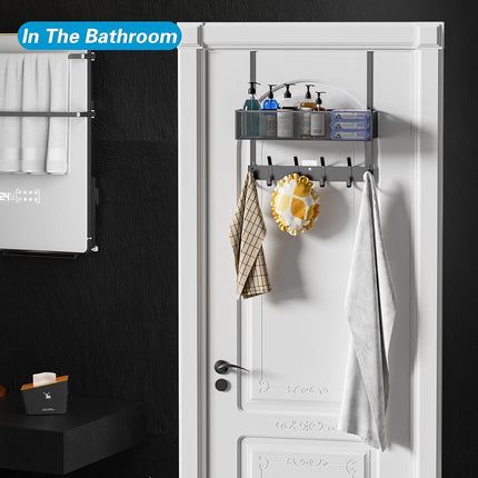 Aimeaihe Over The Door Hooks Organizer, Over The Door Towel Rack with Mesh Basket, 10 Coat Hooks and 2 Wreath Hangers, Bathroom Door Organizer Back of Door Hanger for Bedroom, Kitchen(Black)