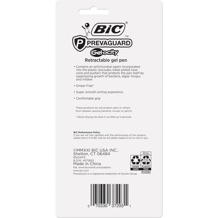 BIC PrevaGuard Gel-ocity Gel Pen With Built-in Protection To Suppress Bacteria Growth On The Pen, Medium Point (0.7mm), Black, 4-Pack