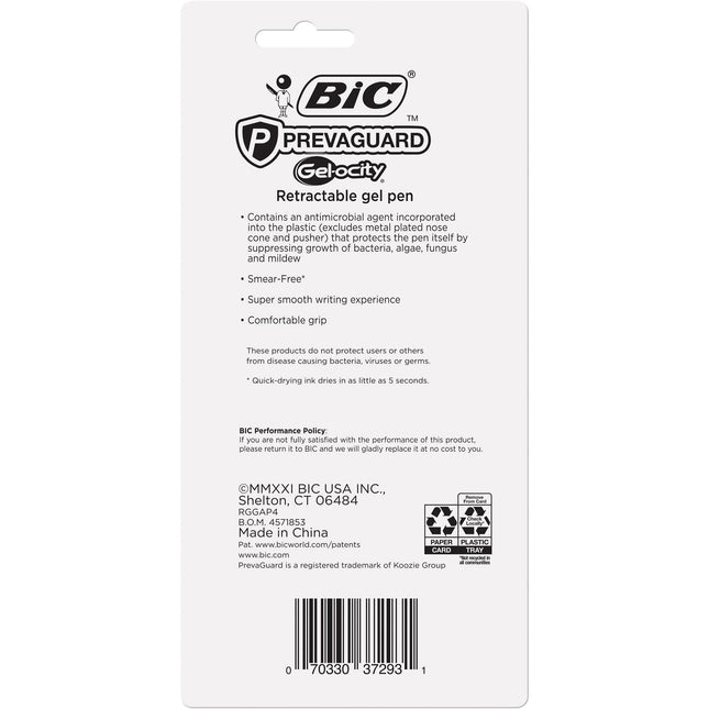 BIC PrevaGuard Gel-ocity Gel Pen With Built-in Protection To Suppress Bacteria Growth On The Pen, Medium Point (0.7mm), Black, 4-Pack