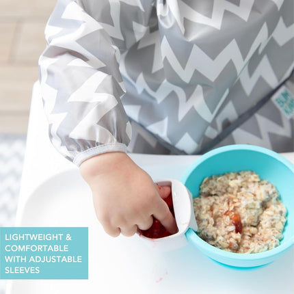 Bumkins Sleeved Bib, Handy Tie Closure for Custom Fit, Catch-All Pocket, Baby-Led Weaning, Waterproof, Machine Washable, Stain & Odour Resistant, BPA Free, 6-24 Months, Grey Chevron Design