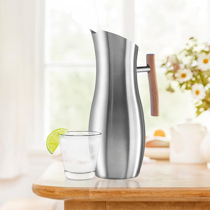 OGGI Slimline Stainless Steel Pitcher- Stainless Steel Water Pitcher w/Ice Guard, Water Carafe, Great Metal Pitcher for Entertaining, Ideal 68oz / 2 Lt Drink Pitcher