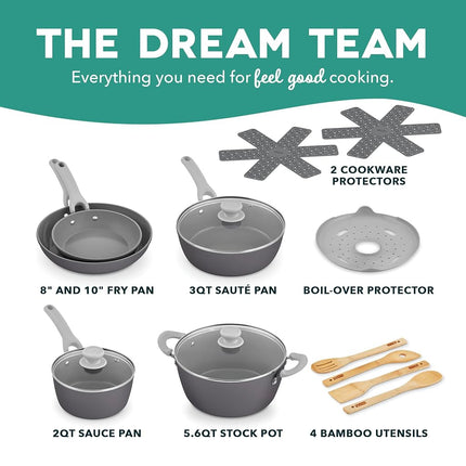 DASH Dream Green Ceramic Recycled Aluminum 15 Piece Cookware Set- Slate Grey