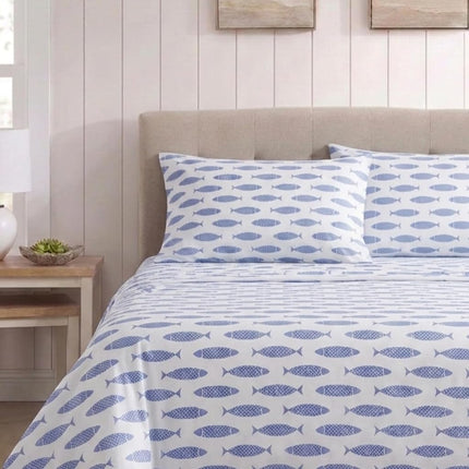 Nautica Cotton Percale Bedding Set, Crisp & Cool, Lightweight & Breathable, 100%, Woodblock Fish Blue, Full