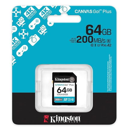 Kingston Canvas Go Plus SDXC Memory Card Gen4 200MB/s C10 UHS-I U3 V30 64GB-SDG4/64GB