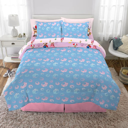 Franco Super Mario Girl Princess Peach Girl Gamer Kids Bedding Super Soft Comforter and Sheet Set with Sham, 7 Piece Full Size, (Official Licensed Product)