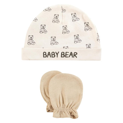 Hudson Baby Unisex Baby Cotton Cap and Scratch Mitten Set, Teddy Bears, 0-6 Months
