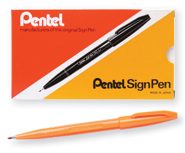 Pentel Sign Pen Fiber-Tipped Pen, Orange Ink, Box 