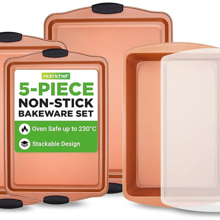 NutriChef 5 Piece Baking Pan Set, Nonstick Carbon Steel Bakeware Pans, Stackable Baking Trays, Kitchen Bake Cookie Sheet for Oven, with Silicone Handles, PFOA, PFOS, PTFE Free