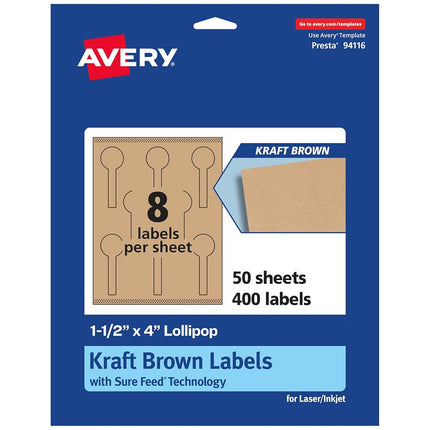 Avery Kraft Brown Lollipop Labels with Sure Feed, 1.5" x 4", 400 Kraft Brown Labels, Print-to-The-Edge, Laser/Inkjet Printable Labels