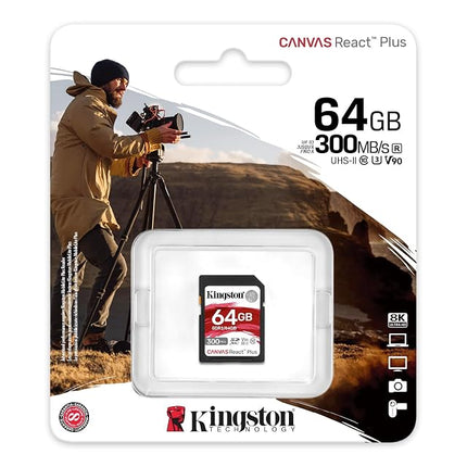 Kingston Canvas React Plus 64GB SDXC Memory Card UHS-II 300R/260W U3 V90 for Full HD/4K/8K - SDR2/64GB