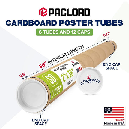2" x 36" Reinforced Kraft Paper Mailing Tubes, Pack of 6 Tubes with 2 Caps Each – USPS Approved Poster Tube – Made in USA Cardboard Tube for Shipping and Storing Posters, Prints, Artwork, or Documents