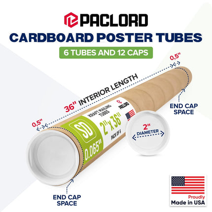 2" x 36" Reinforced Kraft Paper Mailing Tubes, Pack of 6 Tubes with 2 Caps Each – USPS Approved Poster Tube – Made in USA Cardboard Tube for Shipping and Storing Posters, Prints, Artwork, or Documents
