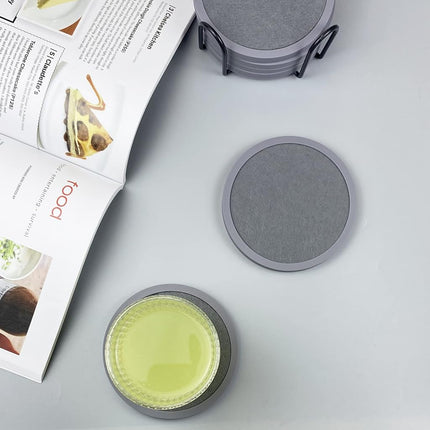 Absorbent Coasters for Drinks with Holder - 6packs, Silicone Coasters with Soft Felt Insert (4.3 inch Coasters with 4.5 inch Holder, Grey)
