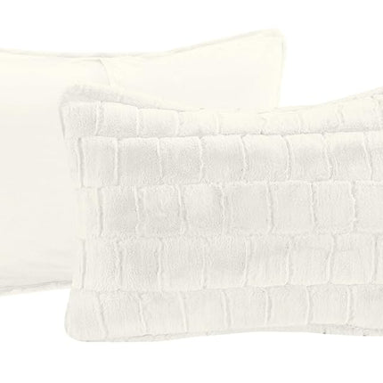 Elegante y cómodo juego de edredón de piel sintética de 3 piezas, lujoso y esponjoso, cálido para todas las estaciones, alternativa a la pluma, juego de cama ultrasuave de micro-visón de felpa de 3 piezas con fundas a juego, Queen, Marfil