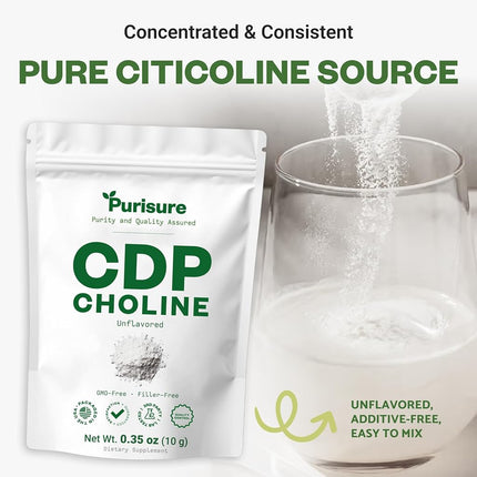 Purisure CDP Choline Powder, 10g | Brain Booster Supplement for Focus, Memory, Clarity, Energy | Improves Thinking Process, Emotional Well-Being | Reduces Mental Block & Fatigue | 40 Servings