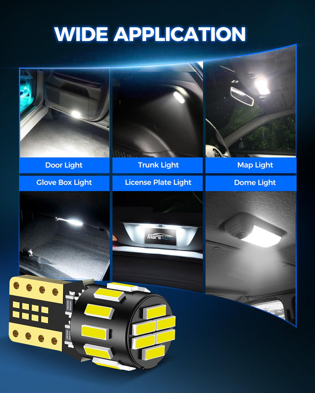 Marsauto 194 LED Bulb for License Plate Light, 6000K Super White 168 2825 W5W T10 Wedge Replacement LED Light Bulbs for Car Dome Map Courtesy Step Dash Trunk Light (Pack of 10)