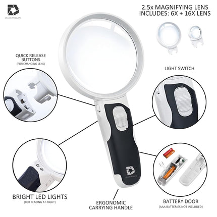 Deluxe Products Lighted Magnifying Glass with 3 Interchangeable Lens and Dual LED Lights. Perfect for Reading Books and Small Print. Good for Seniors with Macular Degeneration.,White,SON-DP-7543