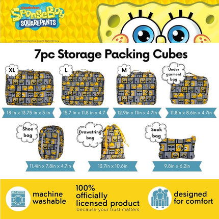 SpongeBob SquarePants Packing Cubes for Suitcases, 7 Piece Travel Essentials Luggage Organizer Set, Lightweight Fabric Storage Bags, (Officially Licensed Product) by Franco Collectibles