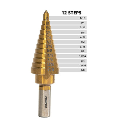 NEIKO 10185A Titanium Step Drill Bit, High-Speed Alloy-Steel Bit, Hole Expander for Wood and Metal, 12 Step Sizes from 3/16 Inch to 7/8 Inch