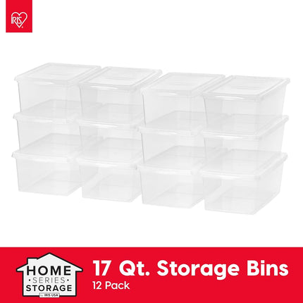 IRIS USA 17 Qt Clear Storage Box, BPA-Free Plastic Stackable Bin with Lid, Containers to Organize Shoes and Closet Shelves, Classroom Organization Teacher Tools, Game Storage, 12 Pack