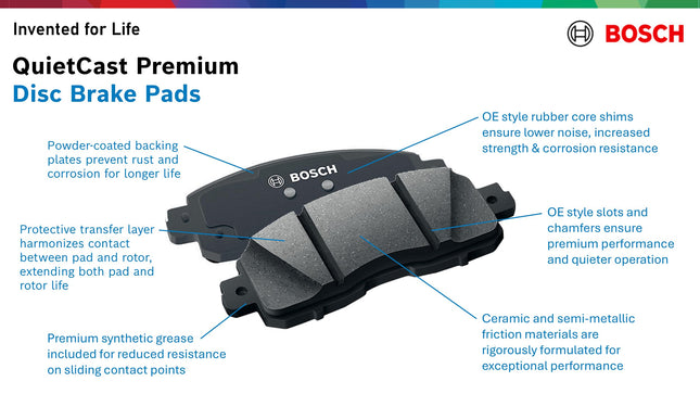 BOSCH BC914 QuietCast Premium Ceramic Disc Brake Pad Set - Compatible with Select Acura ILX; Honda Accord, Civic, CR-V, Element, Fit; FRONT
