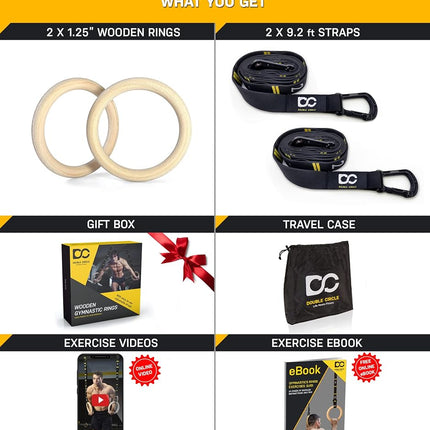 Double Circle Wood Gymnastics Rings with Quick Adjust Numbered Straps and Exercise Videos Guide - Full Body Workout Rings, Calisthenics, Home Gym