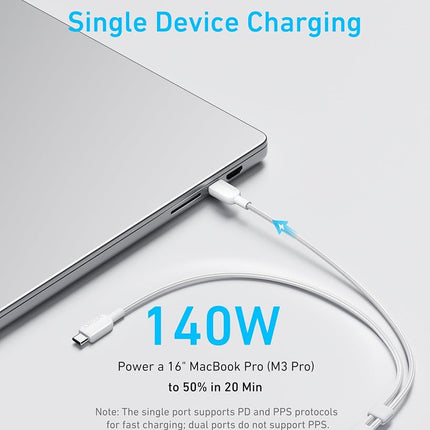 Anker 4 ft 2-in-1 USB C to USB C Cable, 140W Max, Fast Charging for iPhone 16 Series, Galaxy S24, MacBook, iPad, and More (USB 2.0, Braided, White)