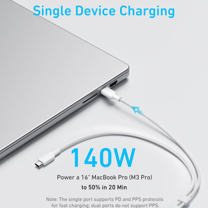 Anker 4 ft 2-in-1 USB C to USB C Cable, 140W Max, Fast Charging for iPhone 16 Series, Galaxy S24, MacBook, iPad, and More (USB 2.0, Braided, White)